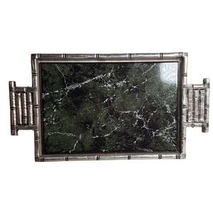 Vintage Lamosa Mexico Faux Bamboo Silver Metal Green Marble Tile Serving Tray
